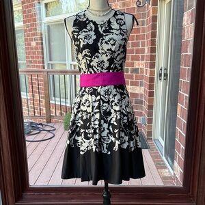 Eliza J Nordstrom Black/Ivory Floral Pink Sash Fit n Flare NWT Sz 4